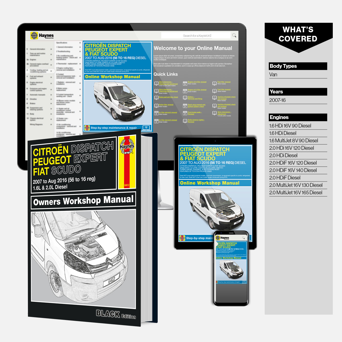 Haynes Citroén Dispatch Expert Peugeot Expert Fiat Scudo owners workshop manual with digital versions on smartphone, tablet, and computer screen.