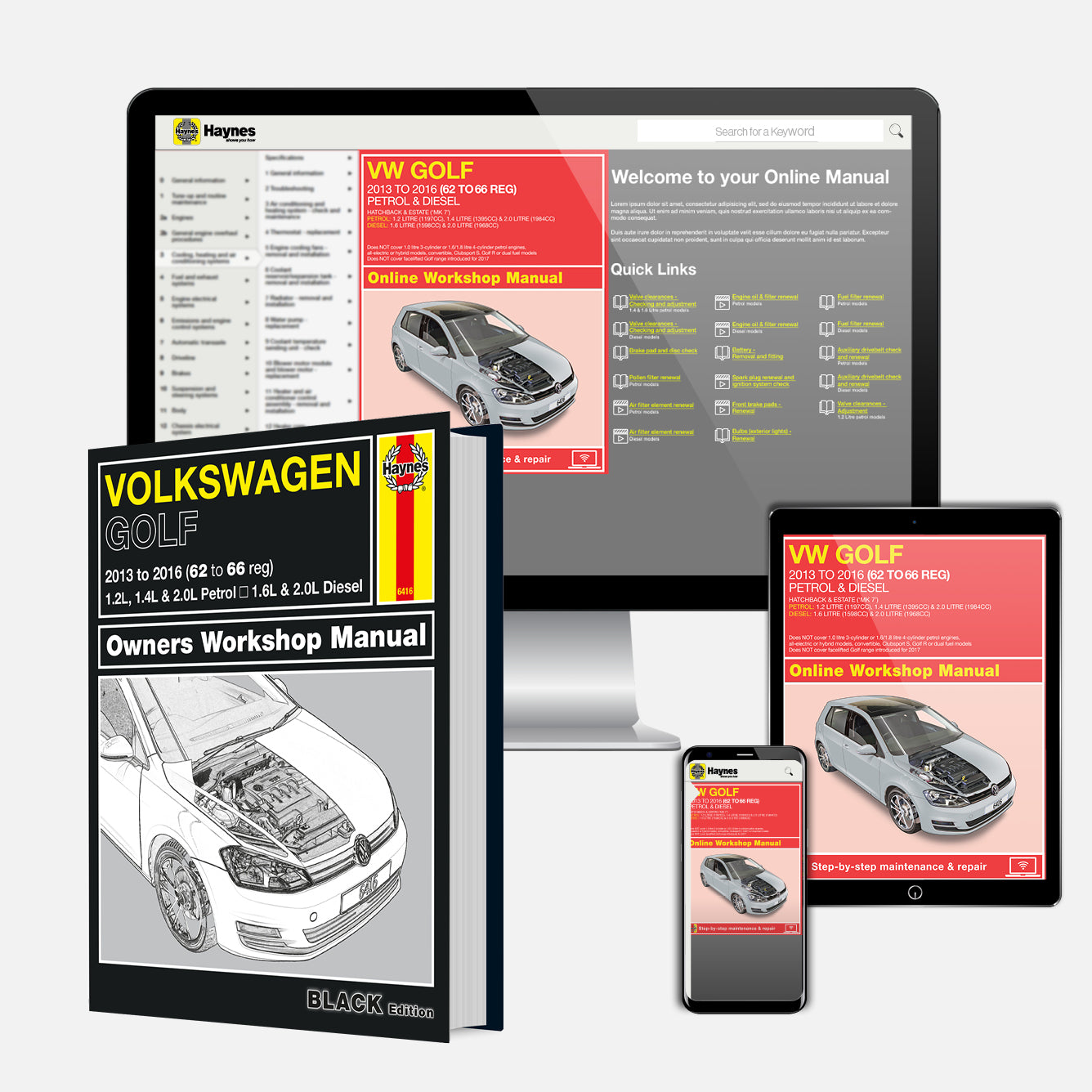 Volkswagen Golf repair manual book with digital versions on tablet, phone, and computer screen.