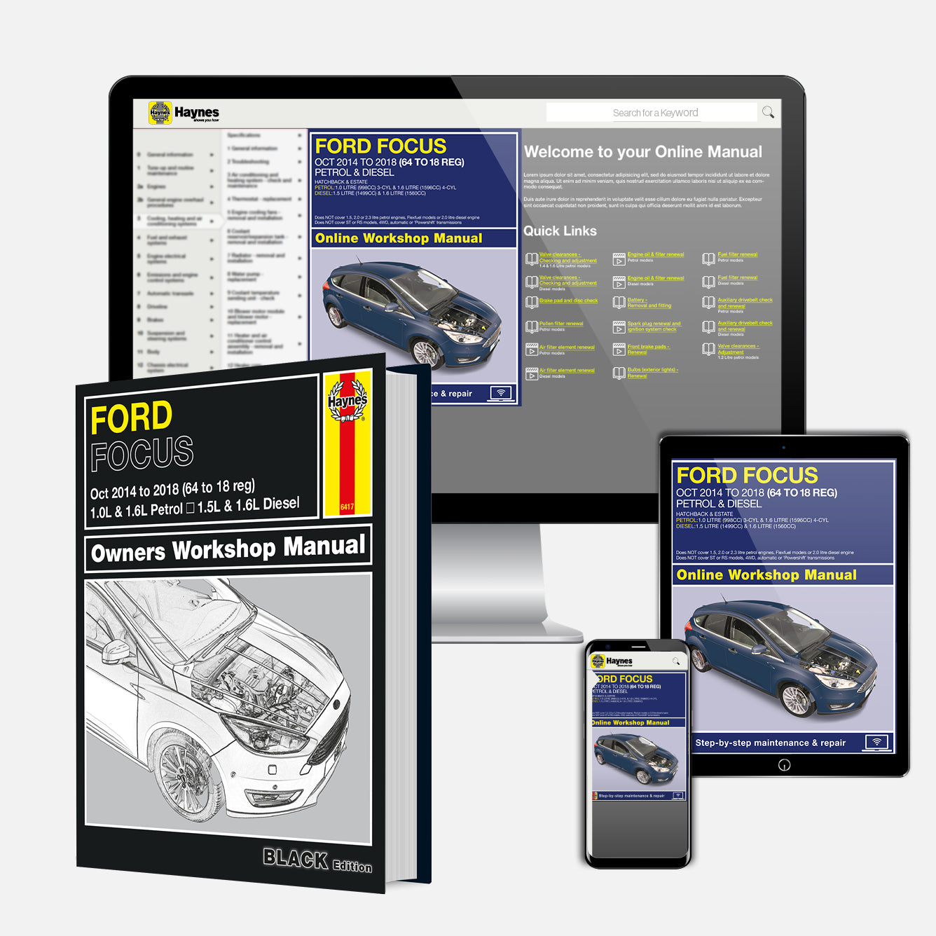 Collection of Ford Focus repair manuals and online workshop manual on a white background