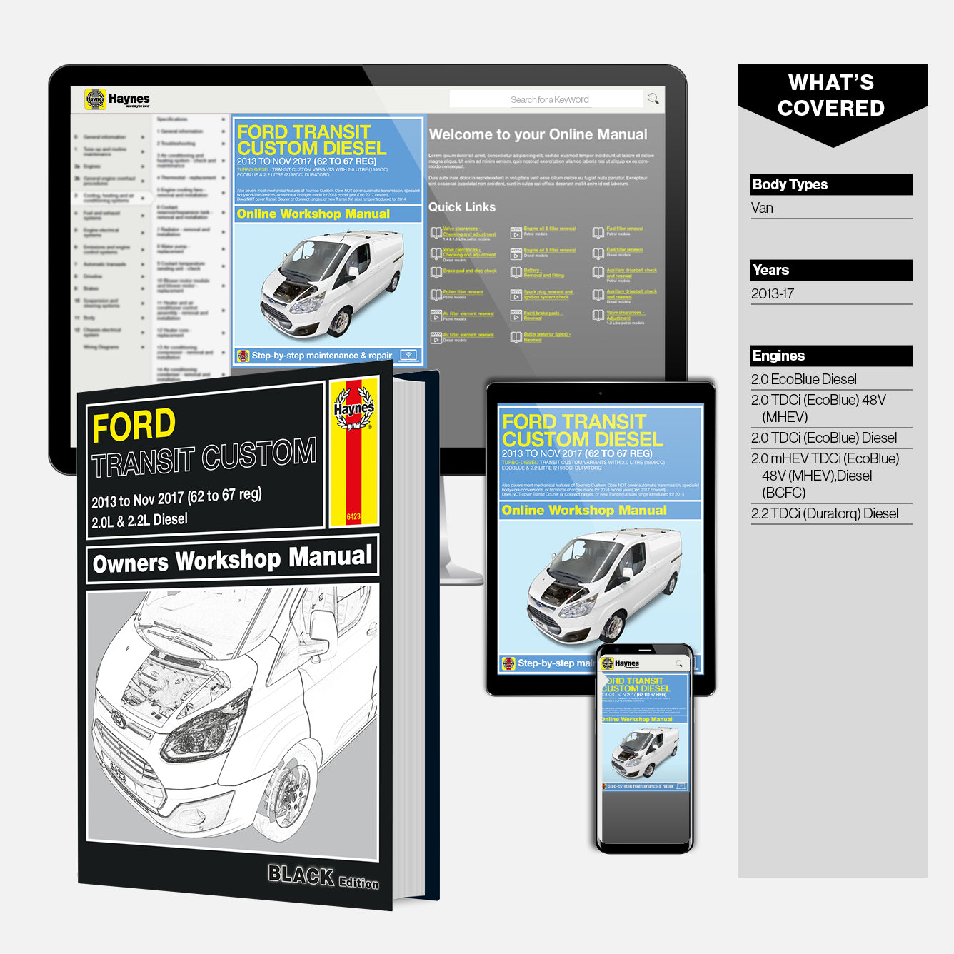 Haynes Ford Transit Custom Diesel owners workshop manual with digital versions on smartphone and tablet.