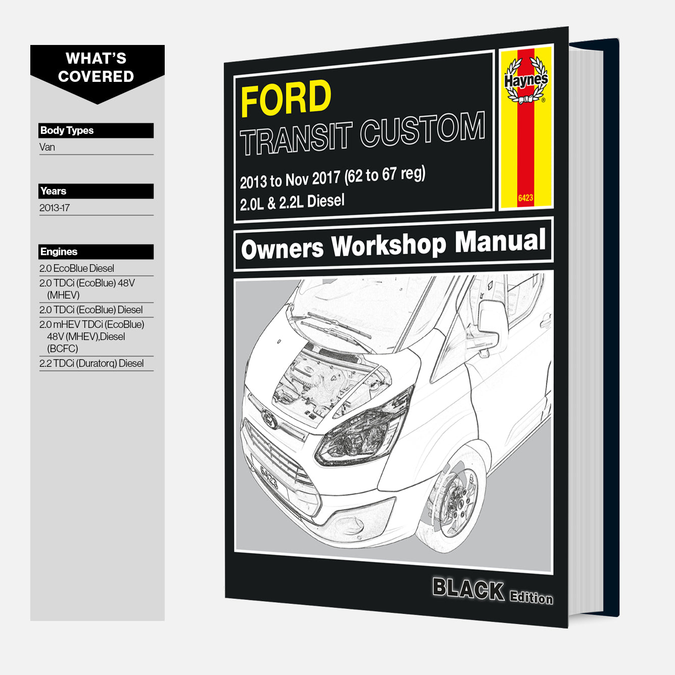 Ford Transit Custom owners workshop manual with car diagram on a white background