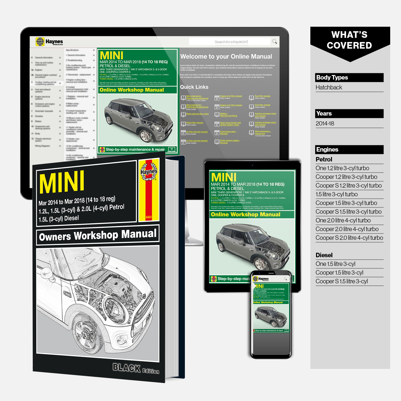 Haynes Mini owners workshop manual with digital versions on smartphone and tablet.