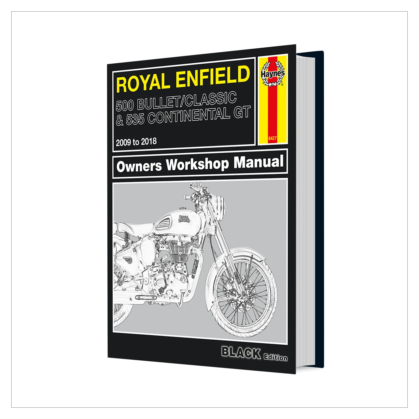 Royal Enfield 600 Bullet / Classic & 650 Continental GT Owners Workshop Manual, Black edition, shown as a 3D book mockup on a white background.