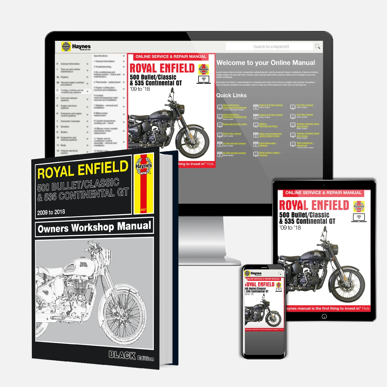 Royal Enfield 500 Bullet Classic & 535 Continental GT owners workshop manual shown in a physical book in front of a computer monitor, smartphone, and tablet displaying the online service and repair manual.