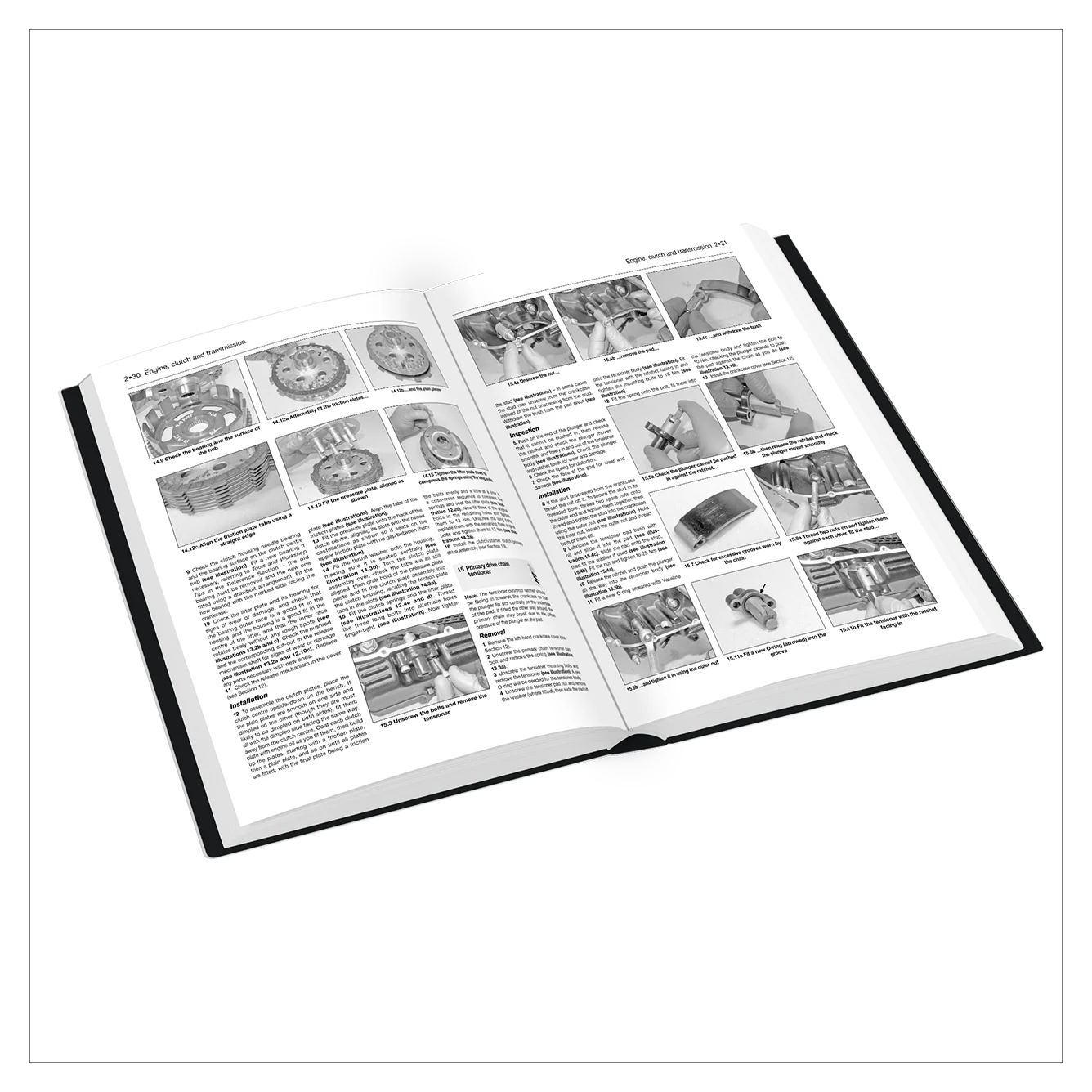 An open hardcover book displaying two printed pages filled with black-and-white technical photographs, diagrams, and blocks of text, shown on a plain white background.