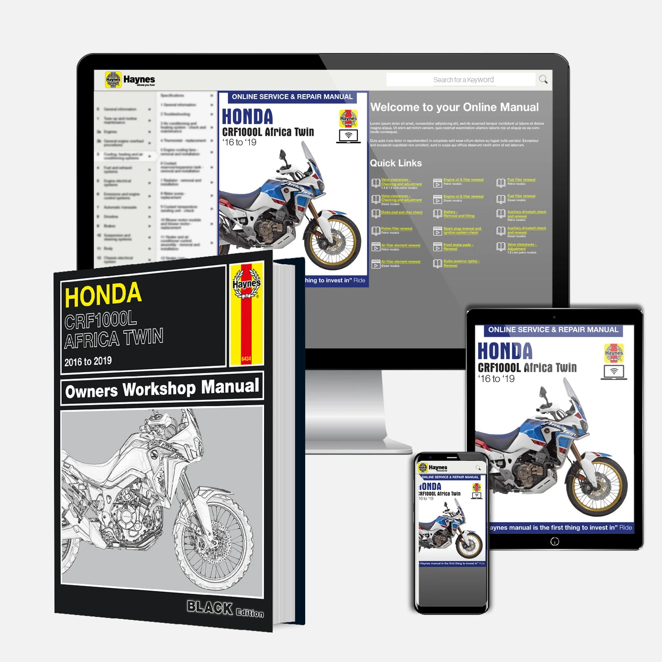 Honda CRF1000L Africa Twin owners workshop manual shown in a digital mockup across multiple devices, including a desktop monitor, tablet, and smartphone, alongside the physical book cover.