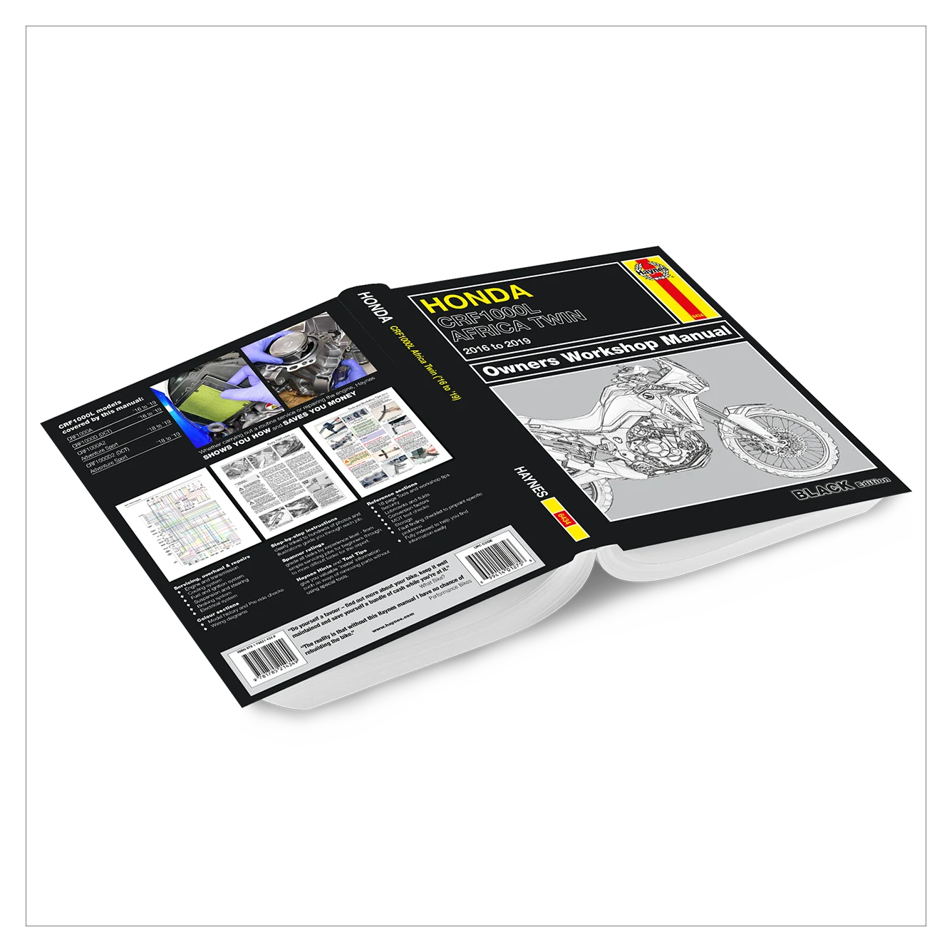 A hardcover Honda dirt bike workshop manual shown open on a white background, with the front cover featuring a grayscale motorcycle illustration and the back cover showing technical diagrams and text.
