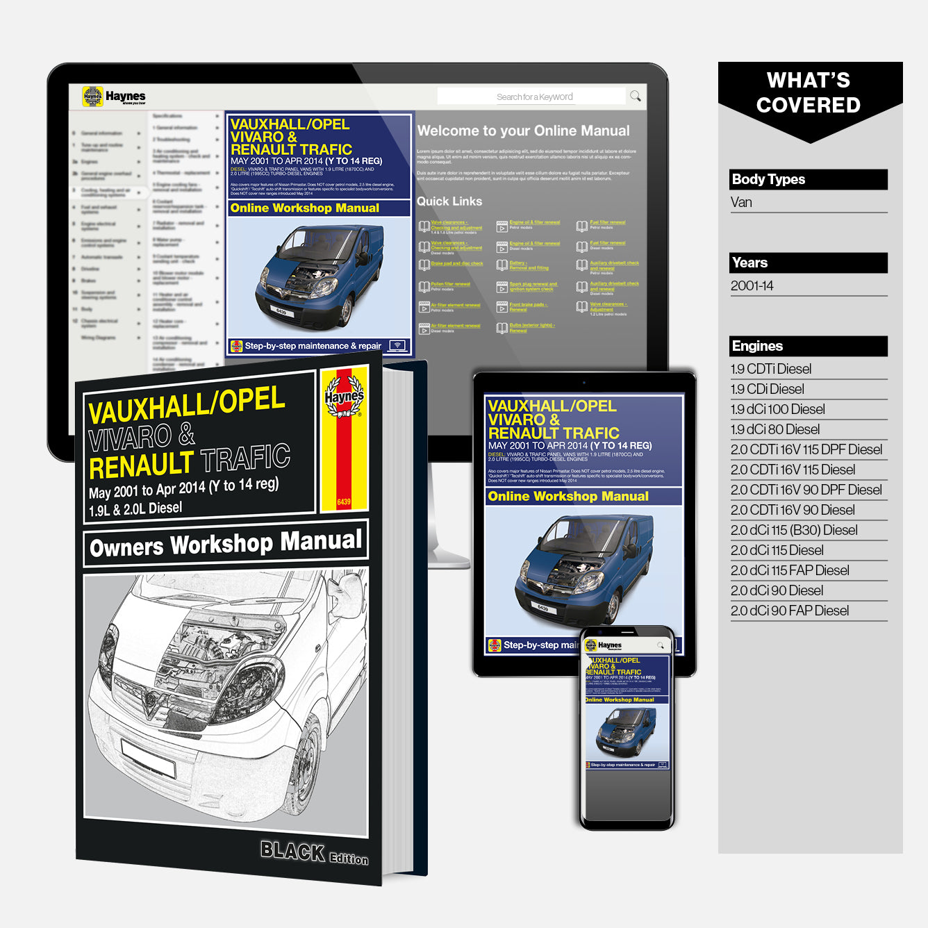Haynes Vauxhall/Opel Vivaro & Renault Trafic owners workshop manual with digital versions on smartphone and tablet.