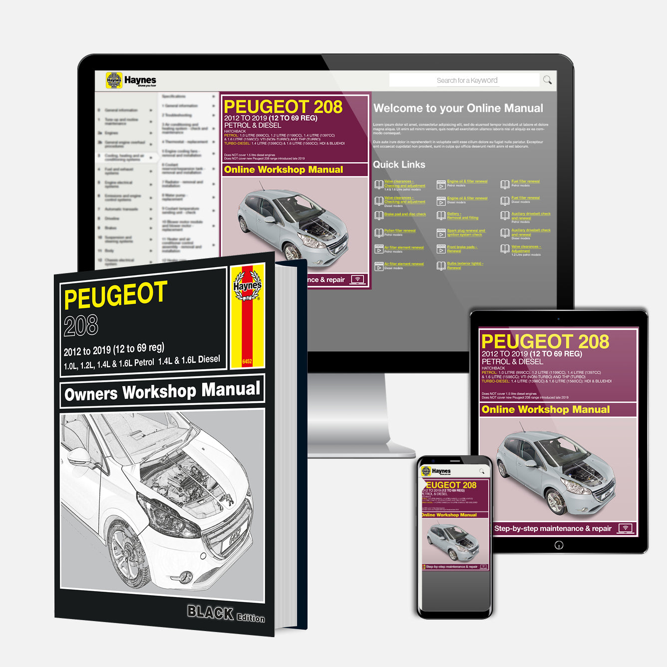 Collection of Peugeot 208 repair manuals including a hardcover book, digital tablet, smartphone, and online manual.