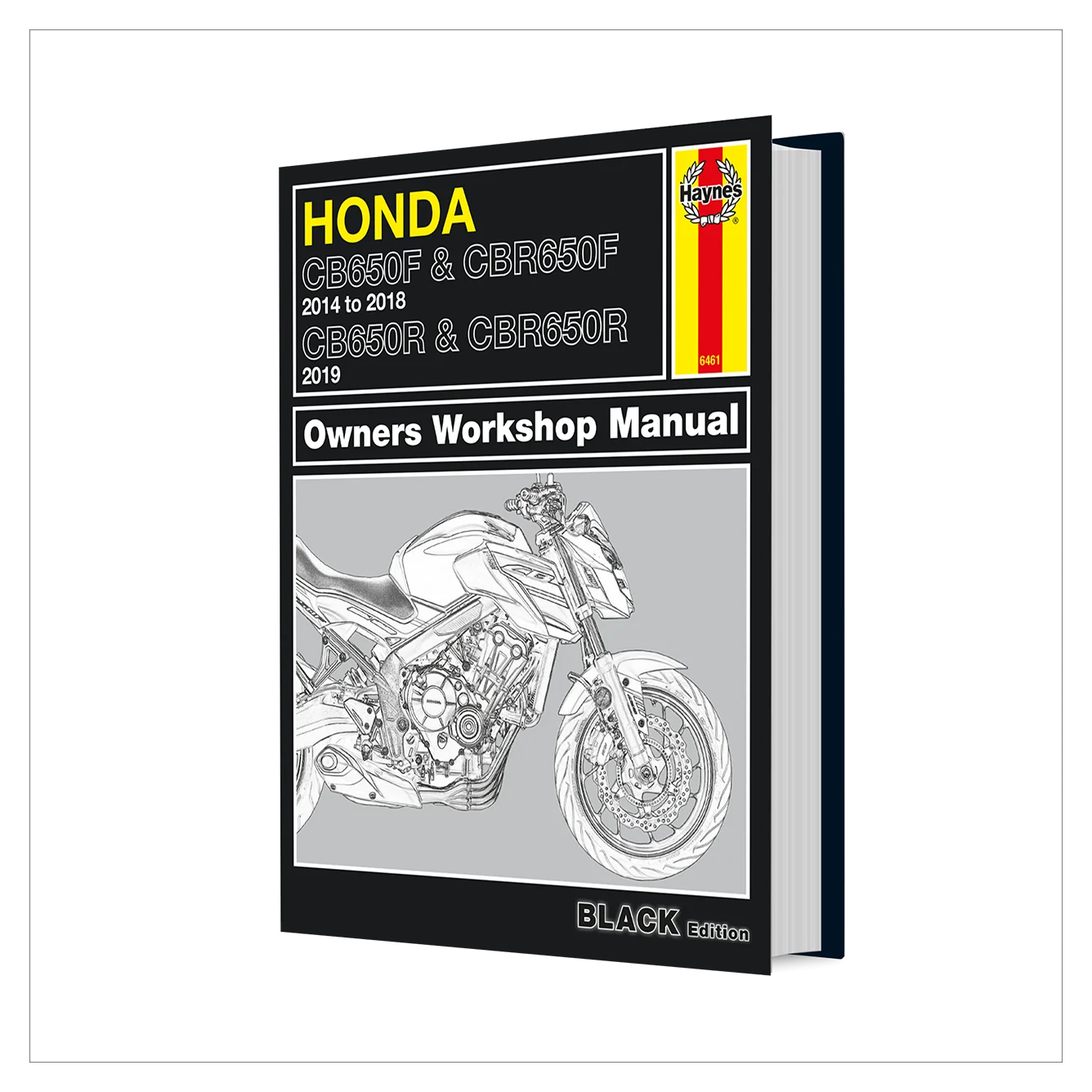 Honda CB650F & CBR650F Owners Workshop Manual book cover shown at an angle on a white background. The cover is black with yellow text, a red and yellow Haynes logo, and a grayscale motorcycle illustration.