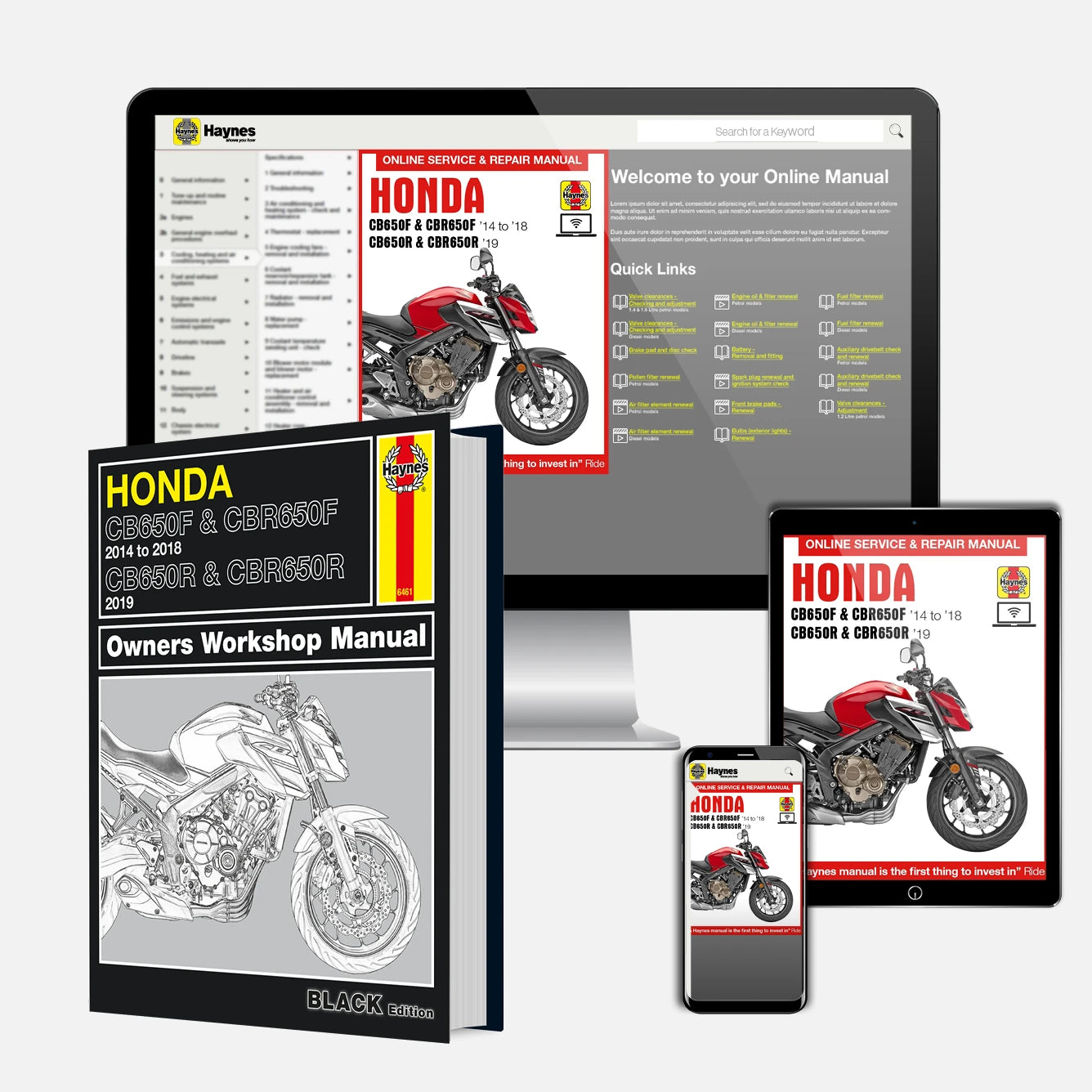 Honda Corgo & Corgom Owners Workshop Manual shown as a physical book in the foreground, with the same manual displayed on a desktop monitor, tablet, and smartphone behind it.