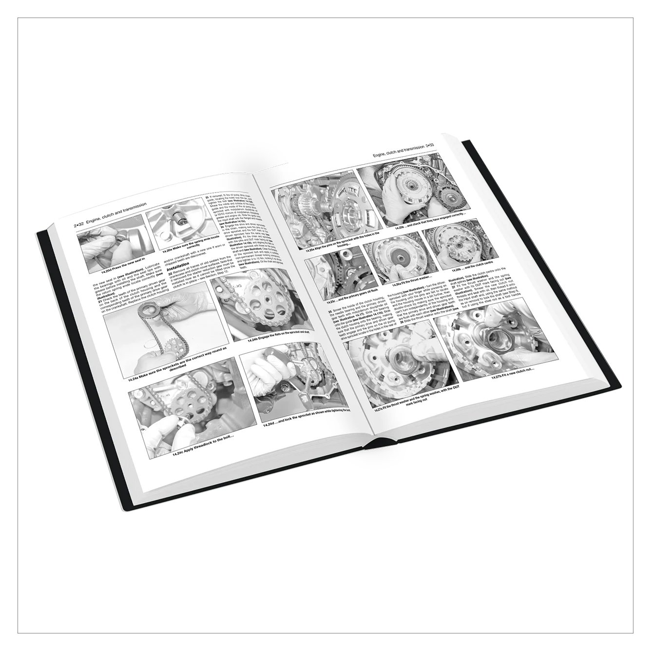 An open hardcover book showing two printed pages filled with black-and-white technical photographs and explanatory text, photographed on a clean white background.