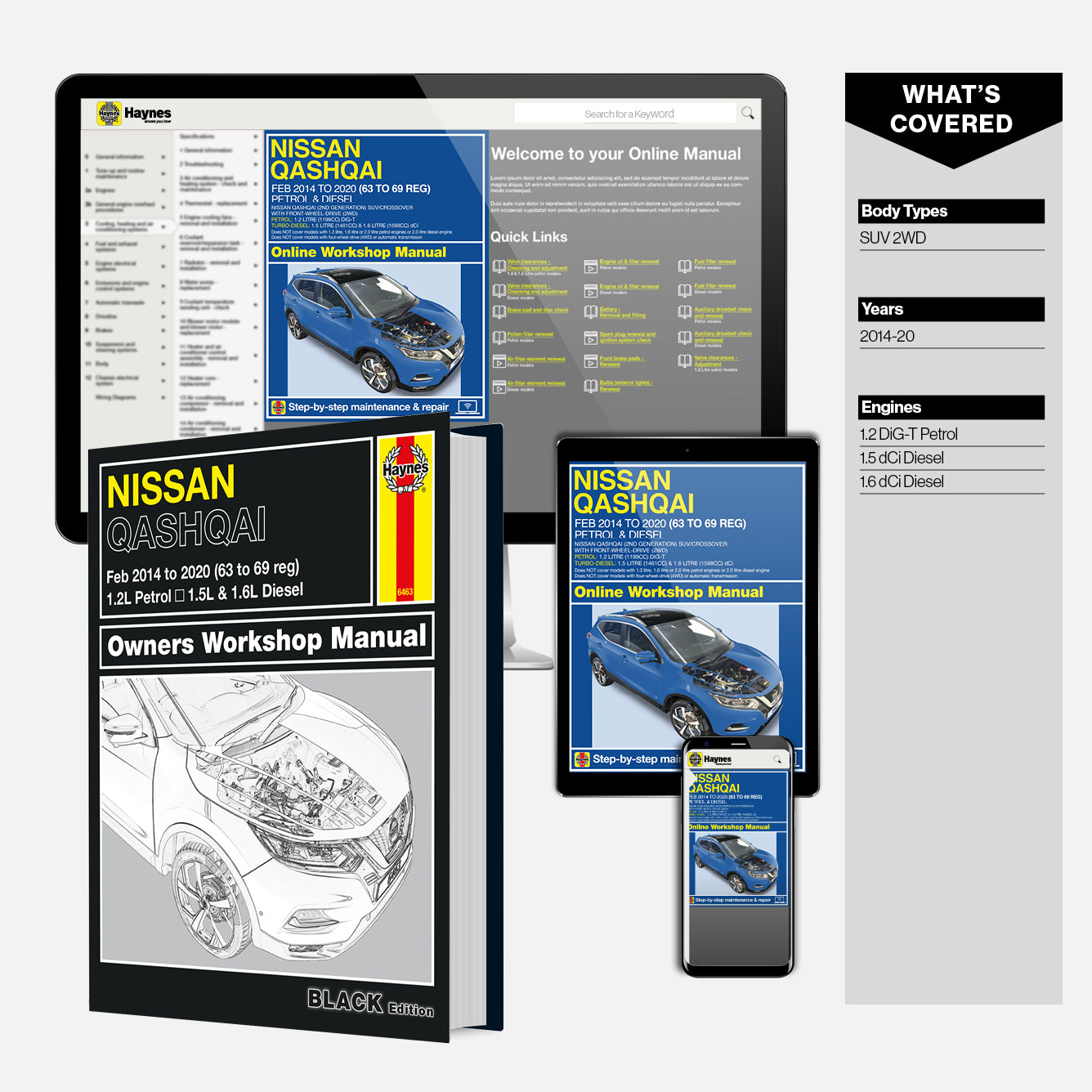 Haynes Nissan Qashqai owners workshop manual with digital version on smartphone and tablet.
