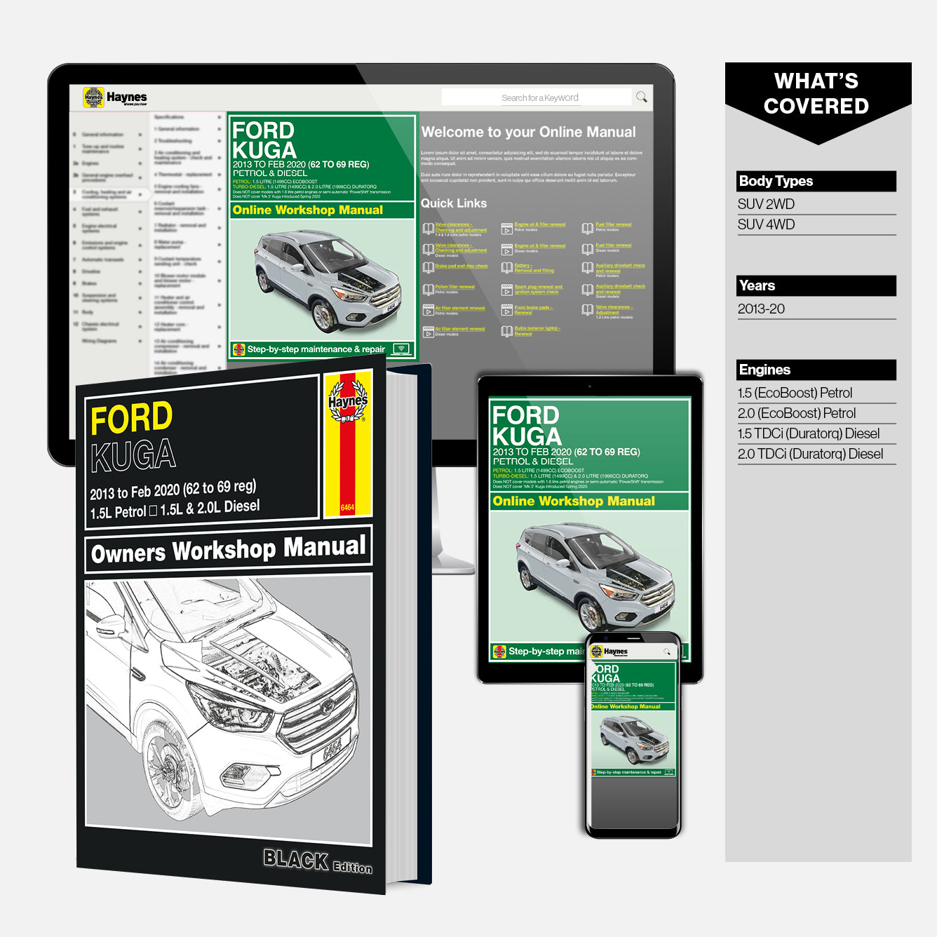 Ford Kuga owners workshop manual set with digital versions on smartphone and tablet.
