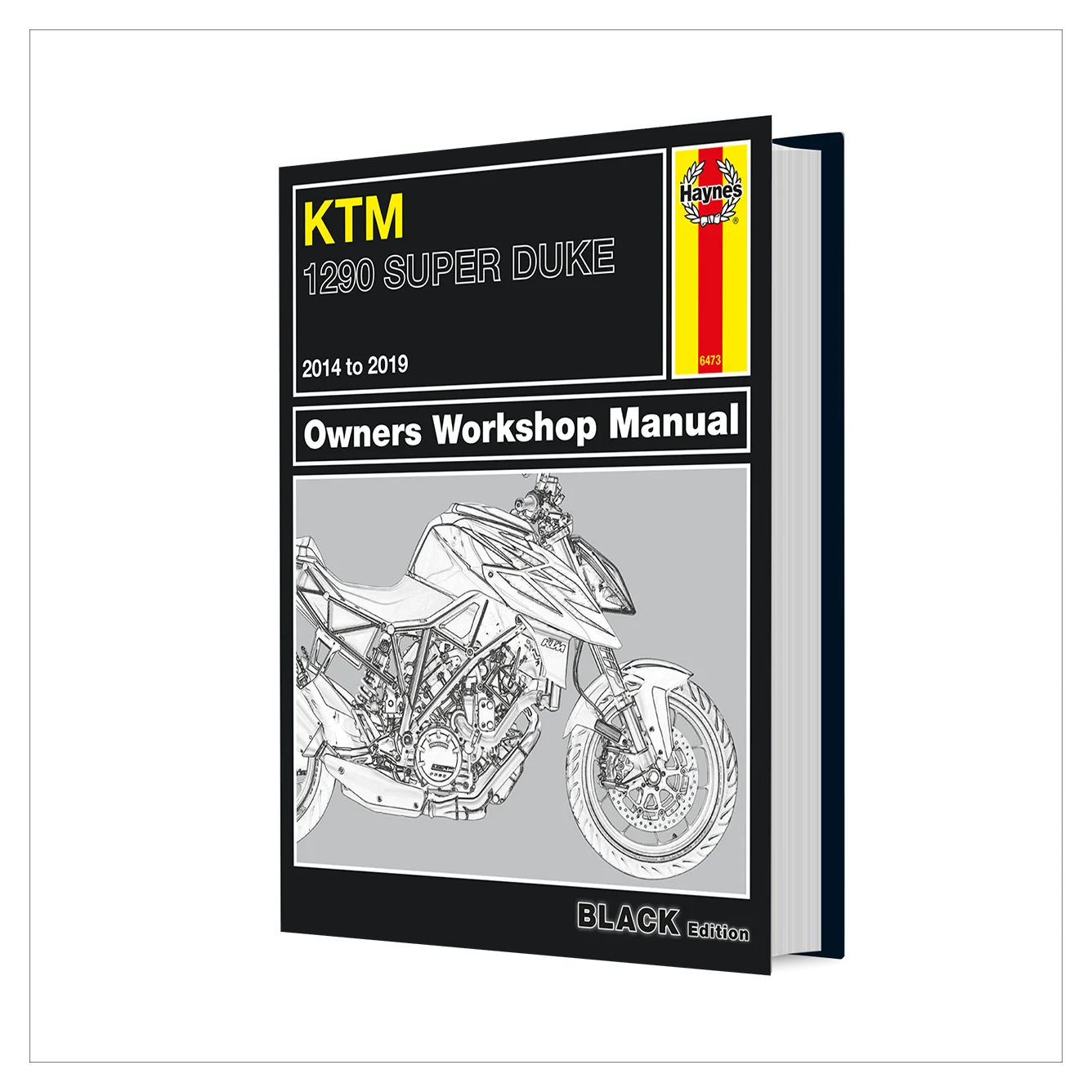 Owners Workshop Manual for the KTM 1200 Super Duke 2014 to 2019, in the Black Edition. The manual is shown as a 3D book mockup with a black cover, white text, and a gray illustration of the motorcycle.