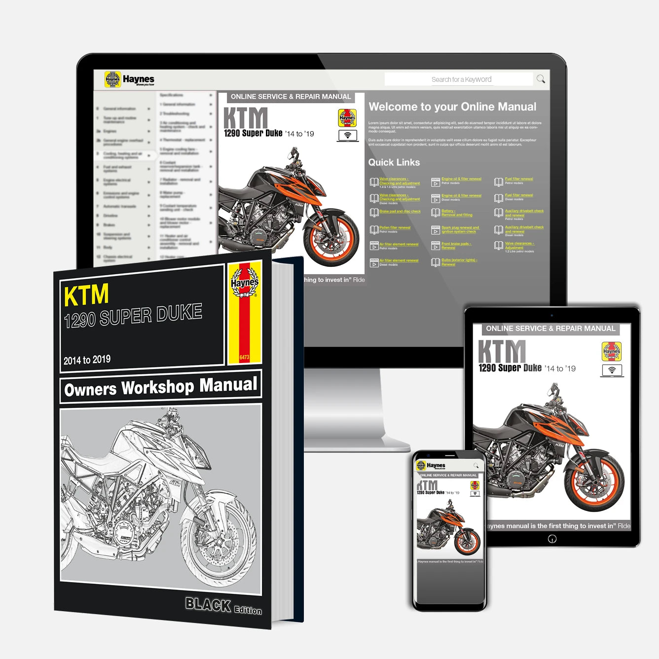 A digital motorcycle workshop manual set displayed on a desktop monitor, tablet, and smartphone, alongside a physical printed book cover for a KTM 1200 Super Duke owners workshop manual.