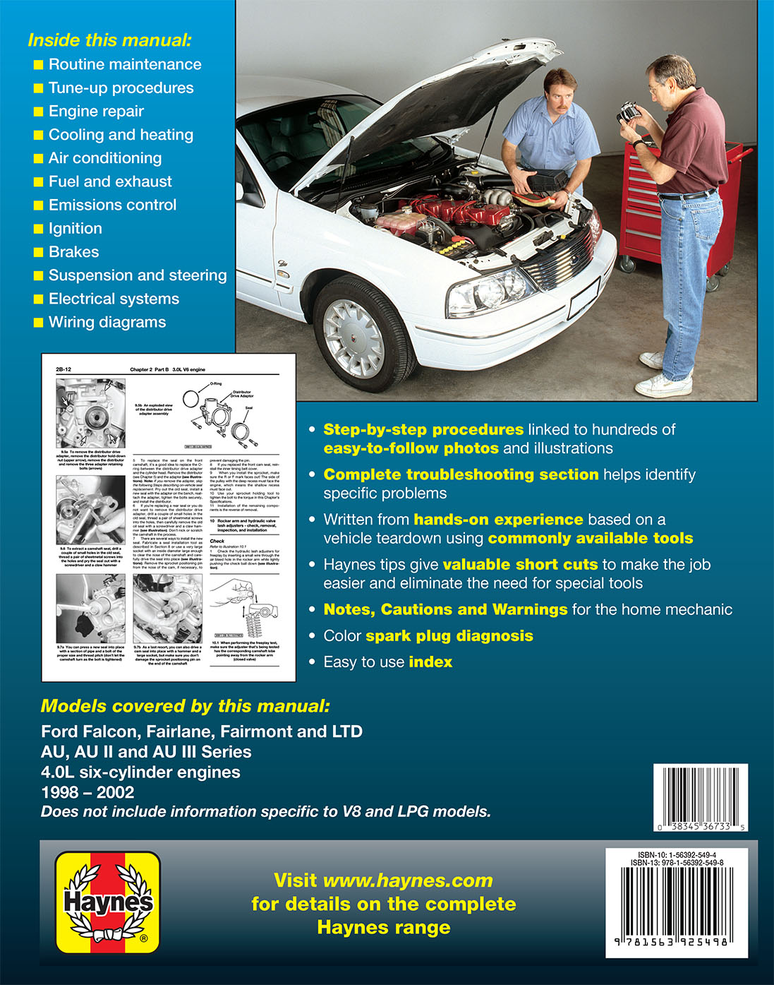 Back cover of a automotive repair manual with two mechanics working on a car.