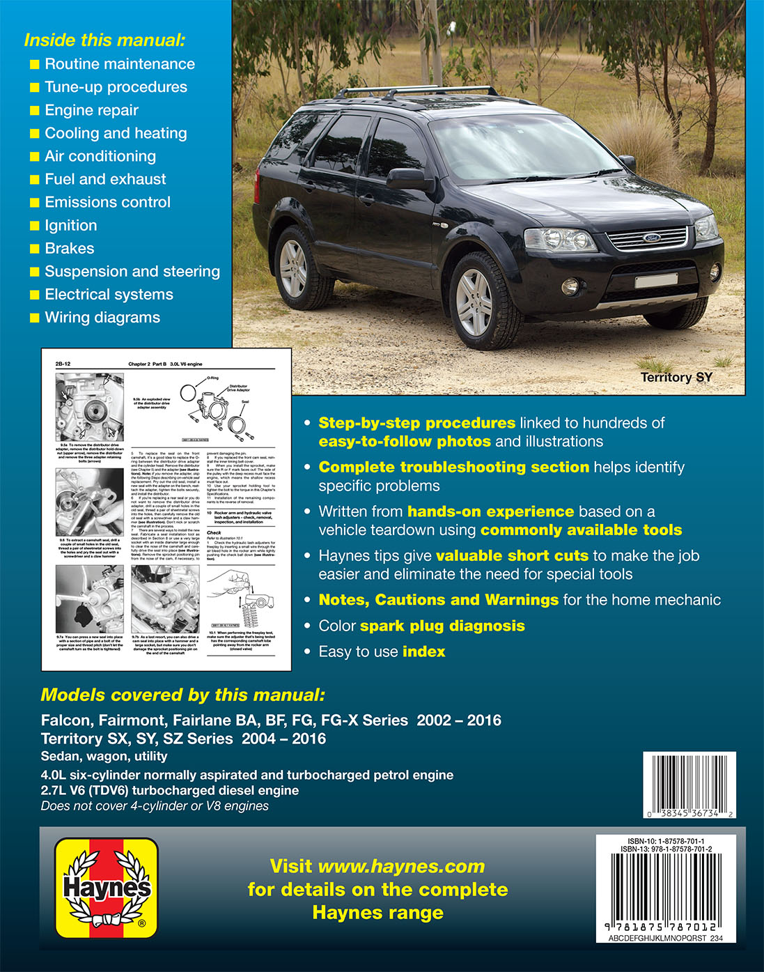 Back cover of a Haynes manual for Ford vehicles with text and images of a black SUV.