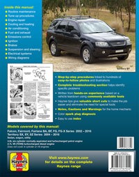 Back cover of a Haynes manual for Ford vehicles with text and images of a black SUV.