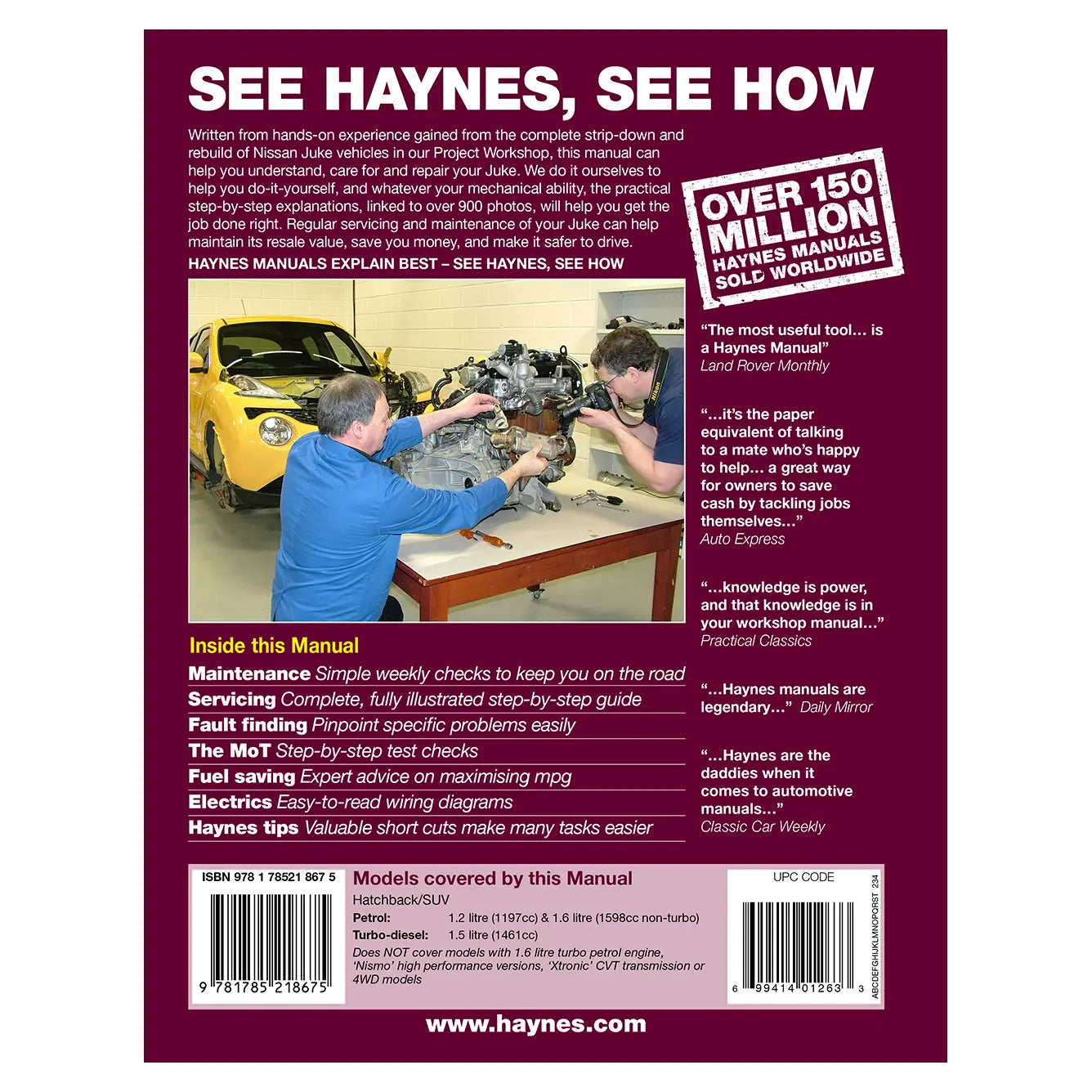 Back cover of a Haynes manual with text and images of people working on a car.