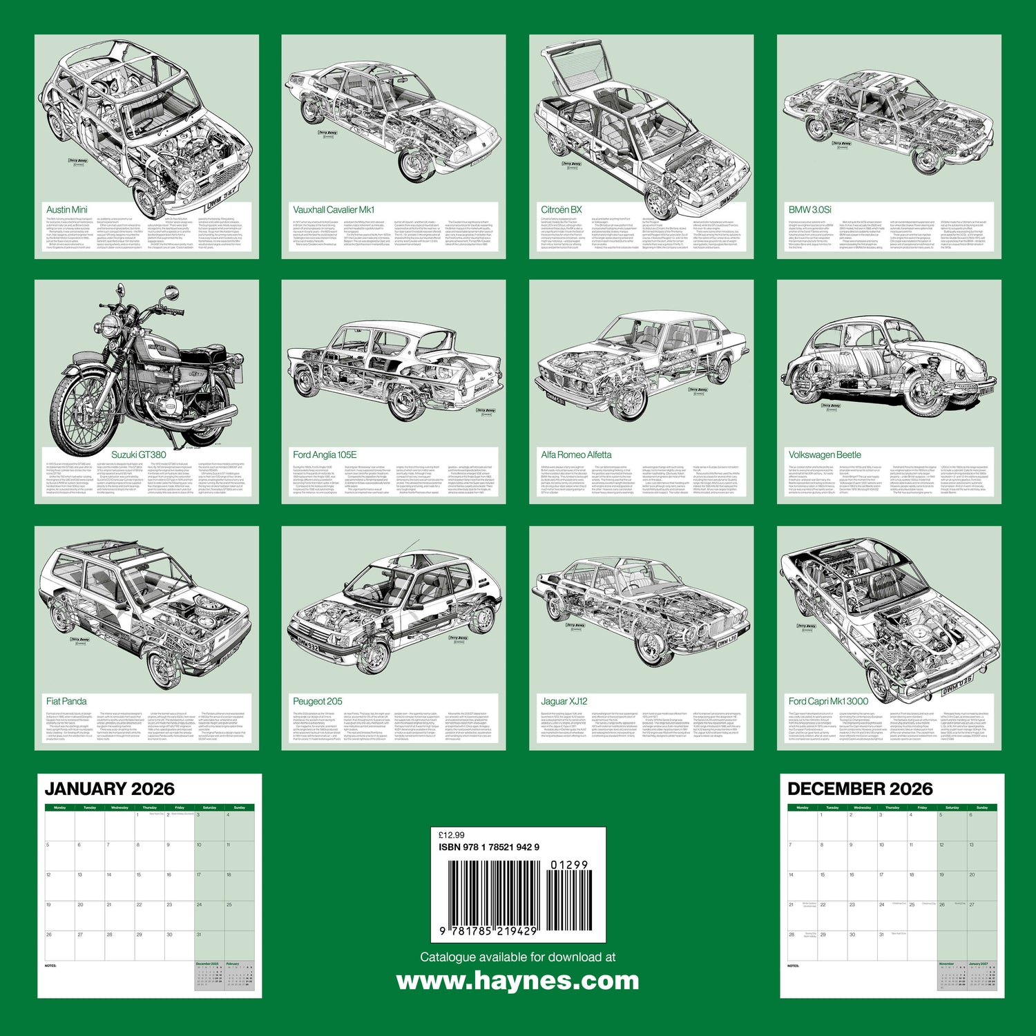 Haynes automotive cutaway calendar with car and motorcycle illustrations on a green background