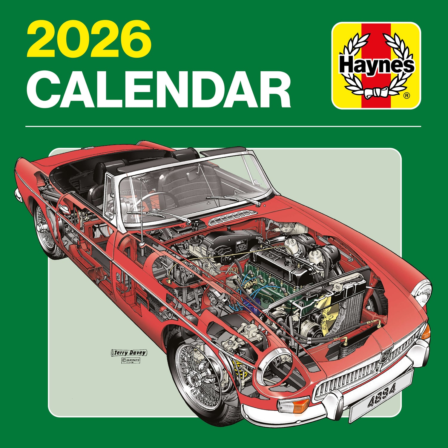 2026 Haynes calendar cover with a red car cutaway illustration on a green background