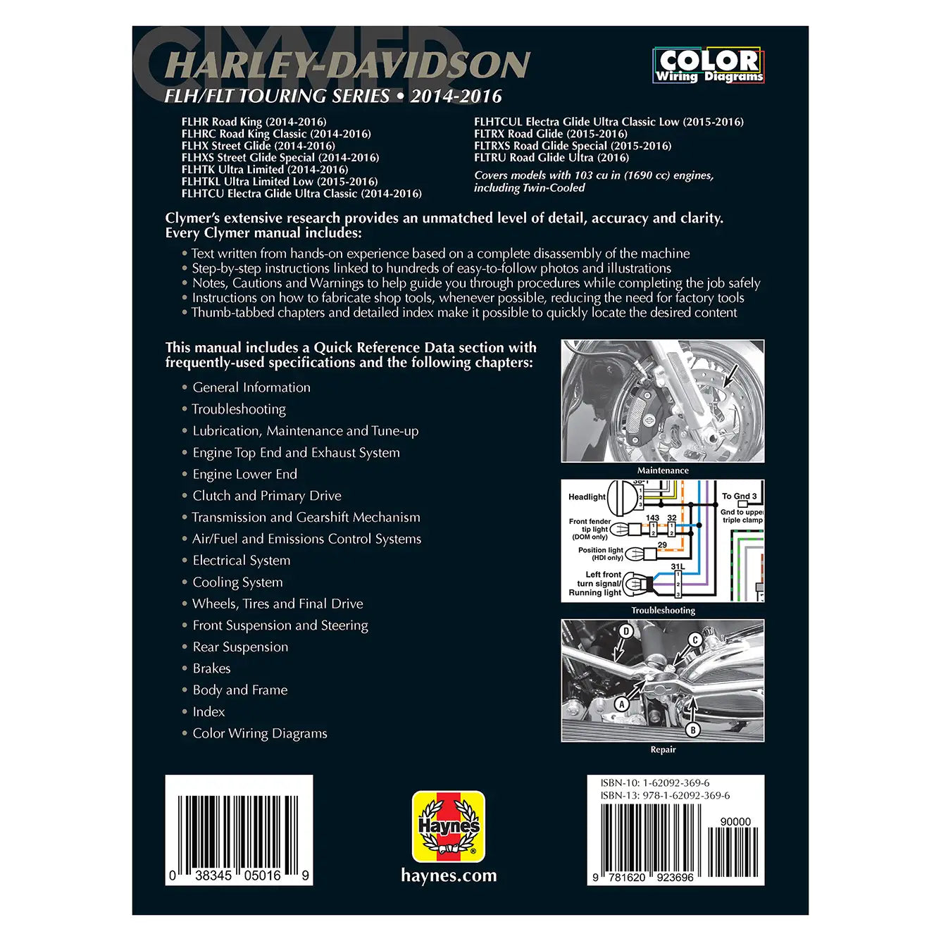 Back cover of a Harley-Davidson FLH/FLH Touring Series manual with text and diagrams.