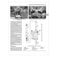Technical manual page with diagrams and text on engine top end and exhaust system.