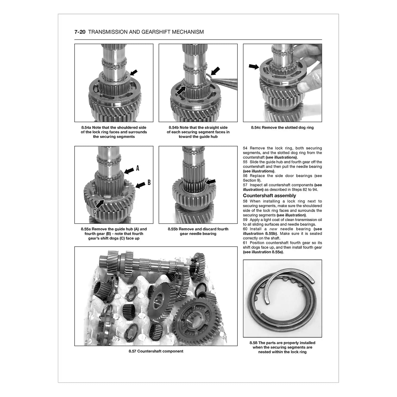 Technical diagram of a transmission and gearshift mechanism with labeled parts and steps.