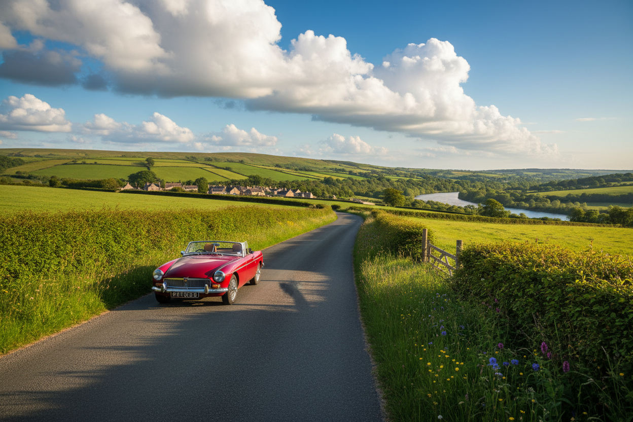 open road in the UK with sun and an iconic british vehicle 