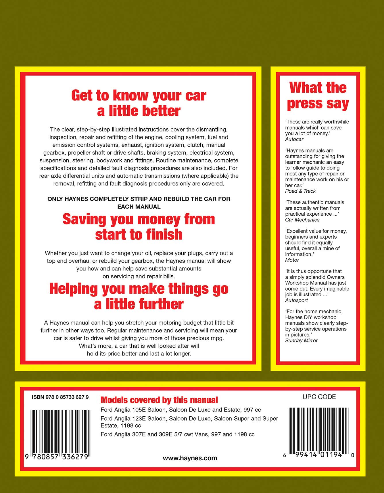 Ford Anglia (1959-1968) Haynes Repair Manual (Classic Reprint) Printed Book Back Cover