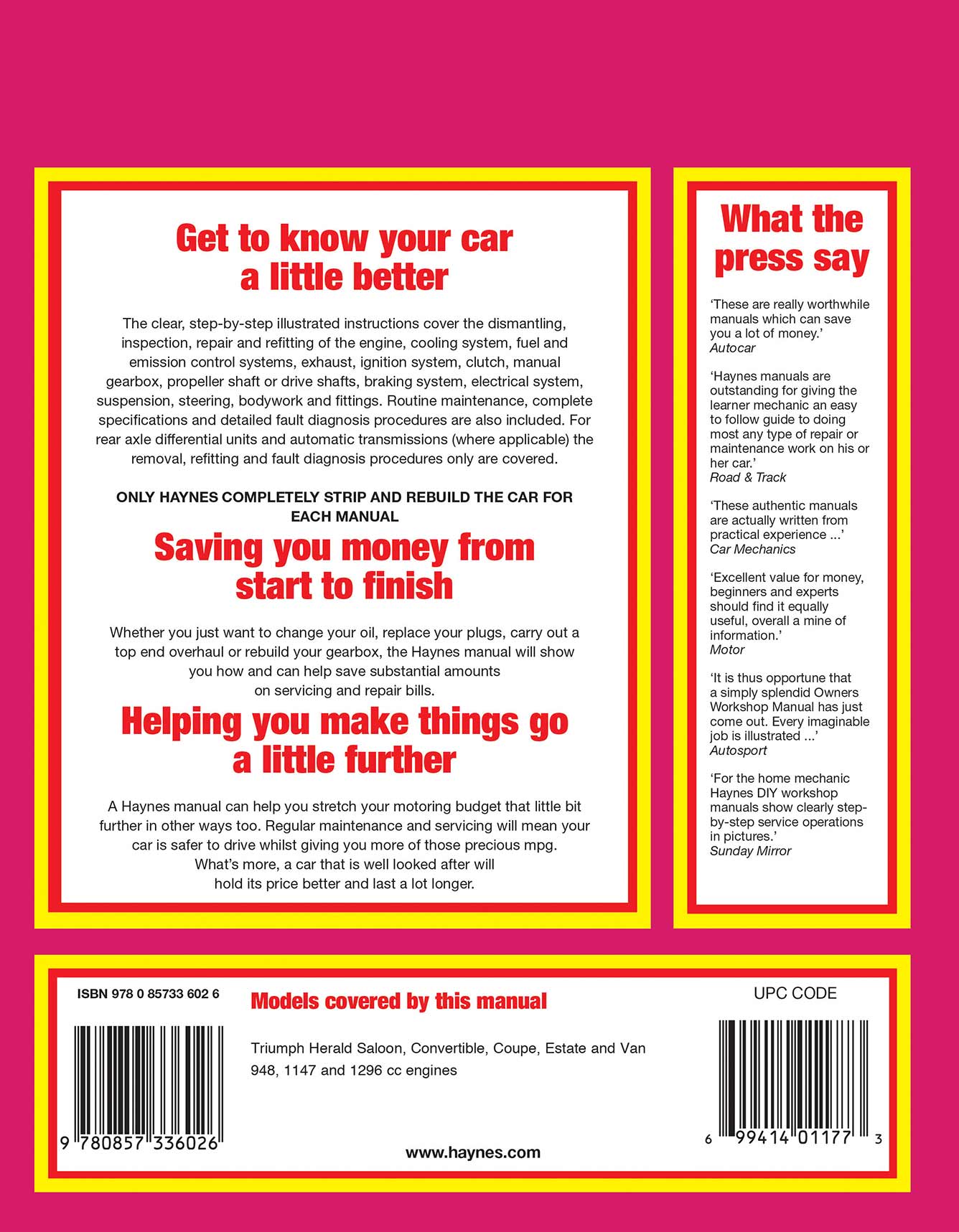 Triumph Herald (1959-1971) up to K Haynes Repair Manual (Classic Reprint) Printed Book Back Cover