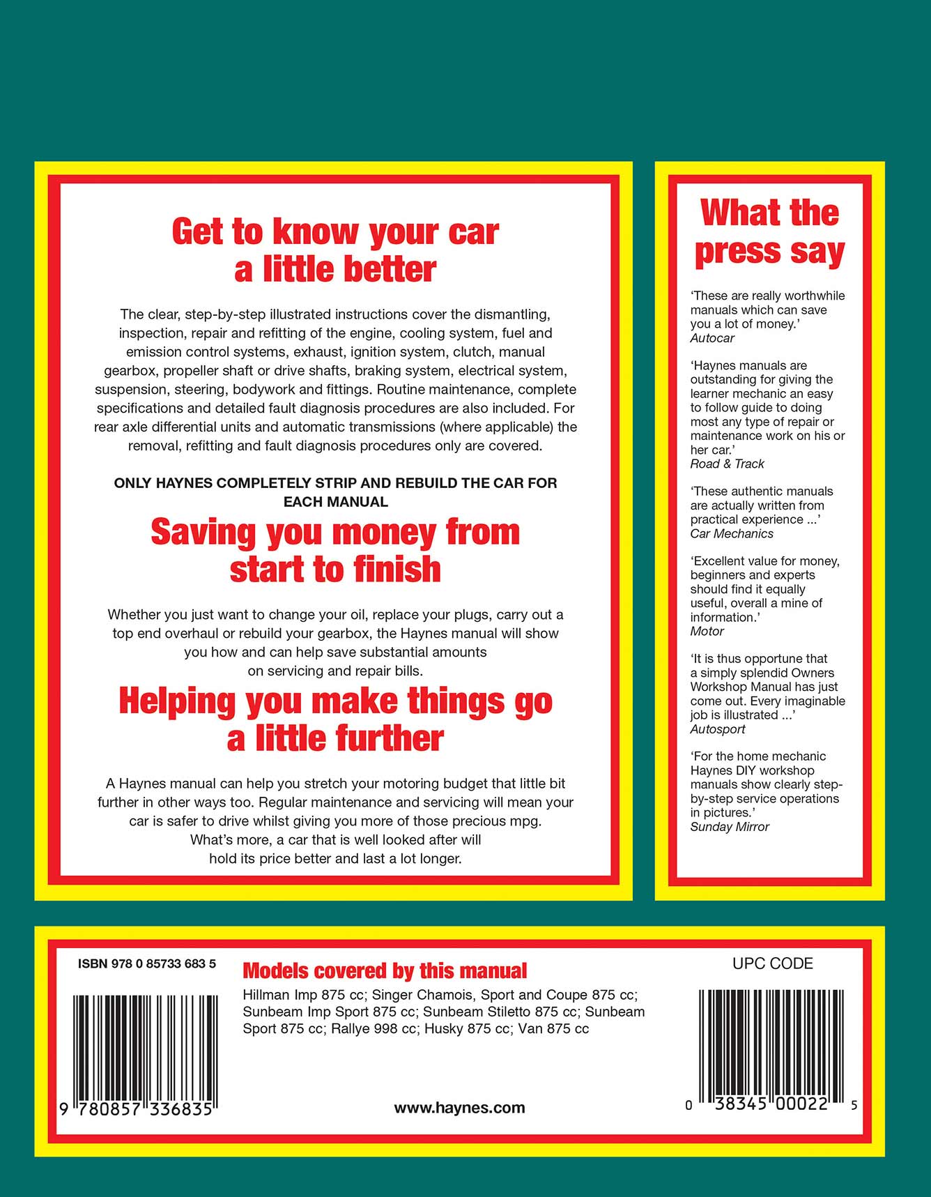 Hillman Imp Petrol (1963-1976) up to R Haynes Repair Manual (Classic Reprint) Printed Book Back Cover