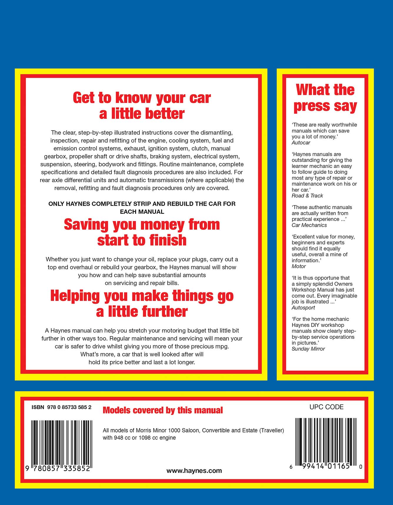 Morris Minor 1000 (1956-1971) Haynes Repair Manual Printed Book Back Cover