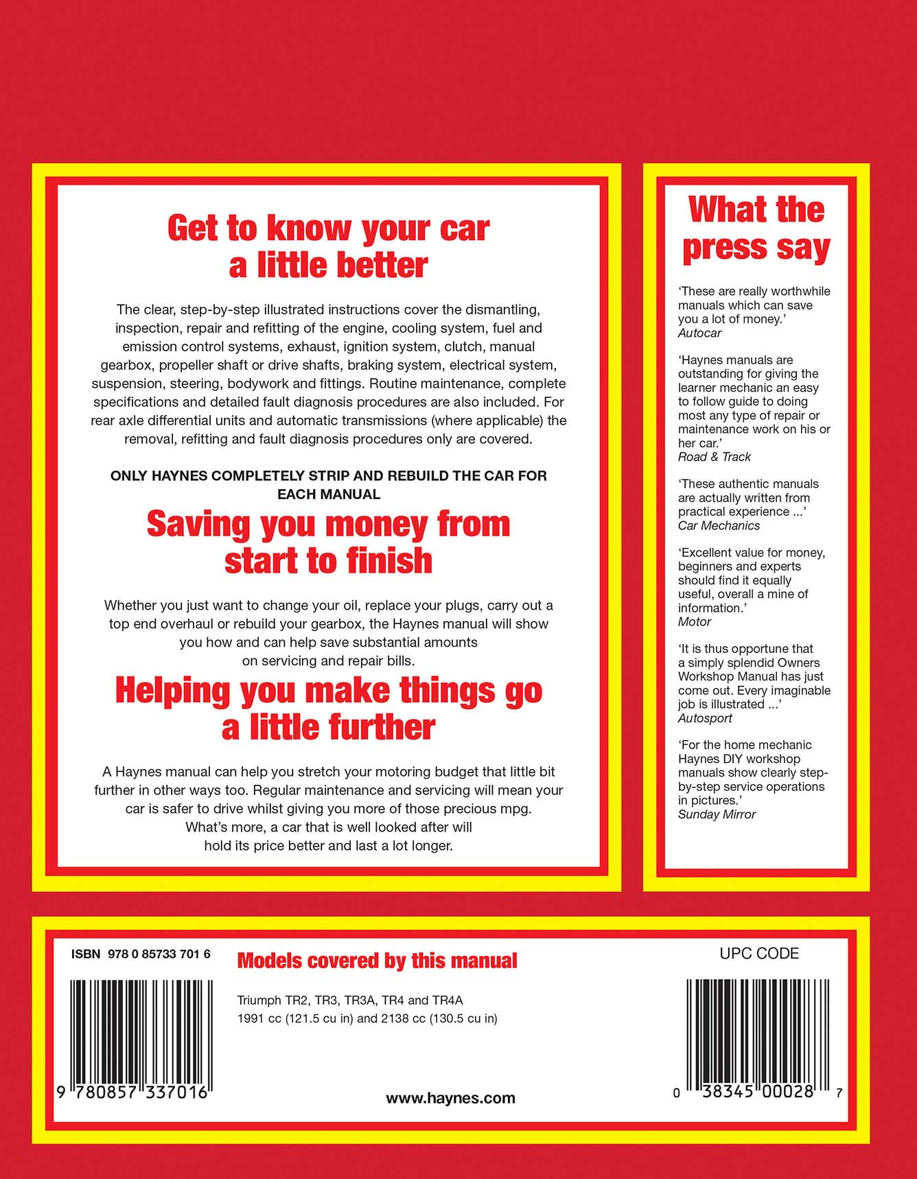 Triumph TR2, TR3, TR3A, TR4 & TR4A (1952-1967) Haynes Repair Manual