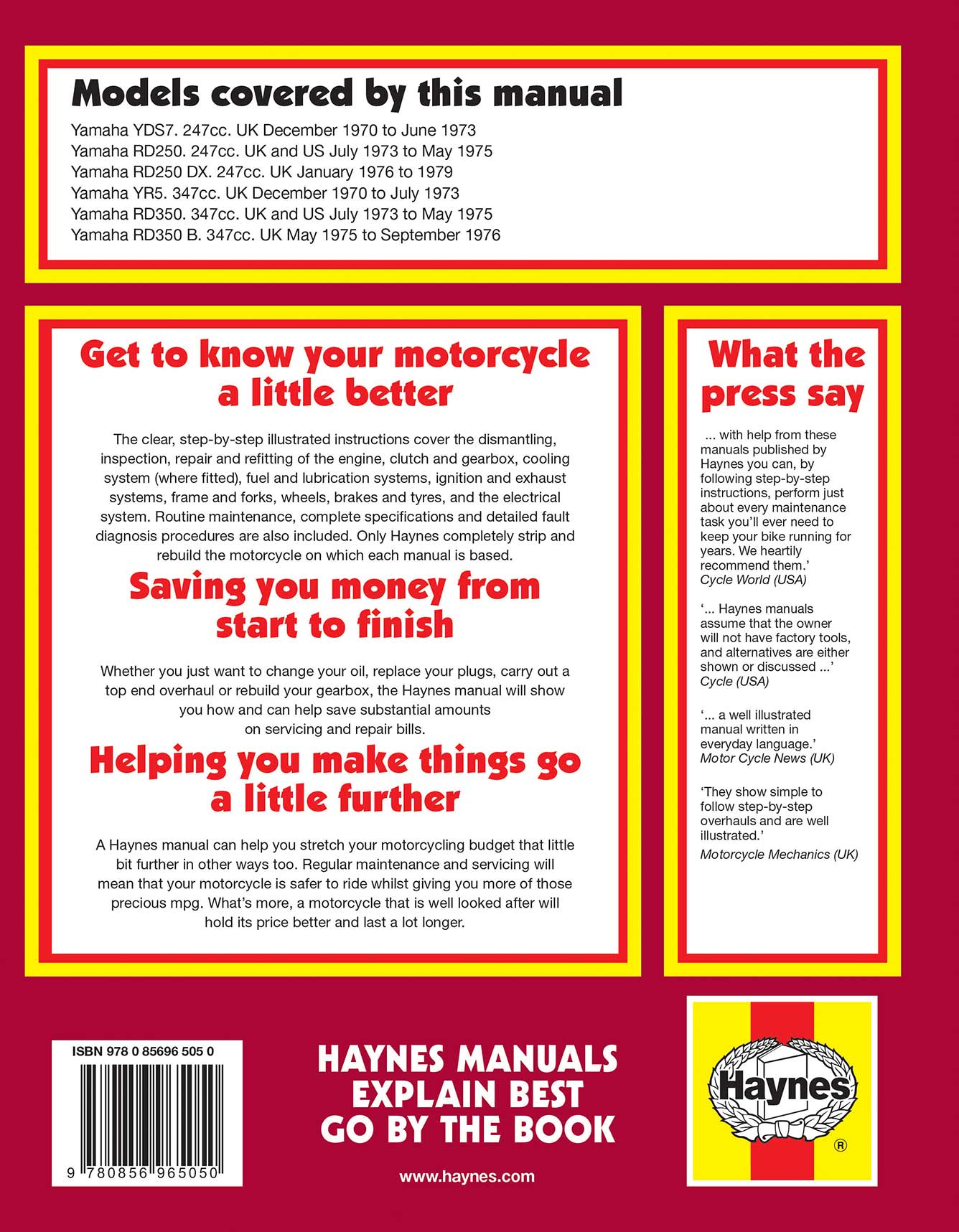 Yamaha 250 & 350 Twins (1970-1979) Haynes Repair Manual Printed Book Back Cover