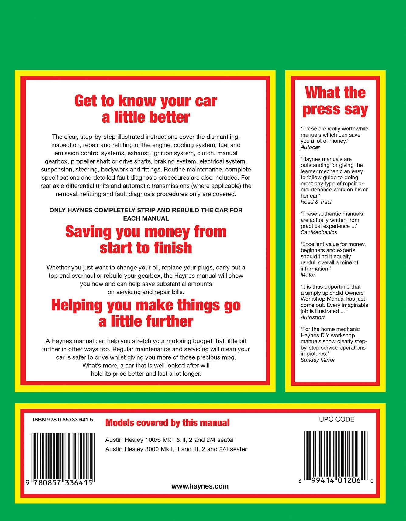 Austin Healey 100/6 & 3000 (1956-1968) Haynes Repair Manual Printed Book Back Cover