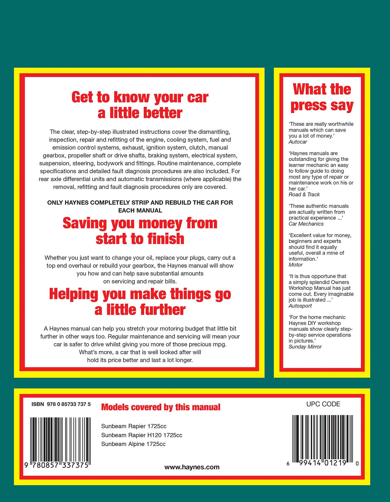 Sunbeam Alpine, Rapier & H120 (1967-1974) Haynes Repair Manual Printed Book Back Cover