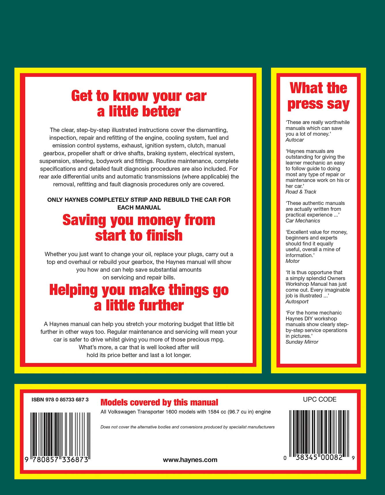 Volkswagen Transporter 1600 (1968-1979) Haynes Repair Manual Printed Book Back Cover