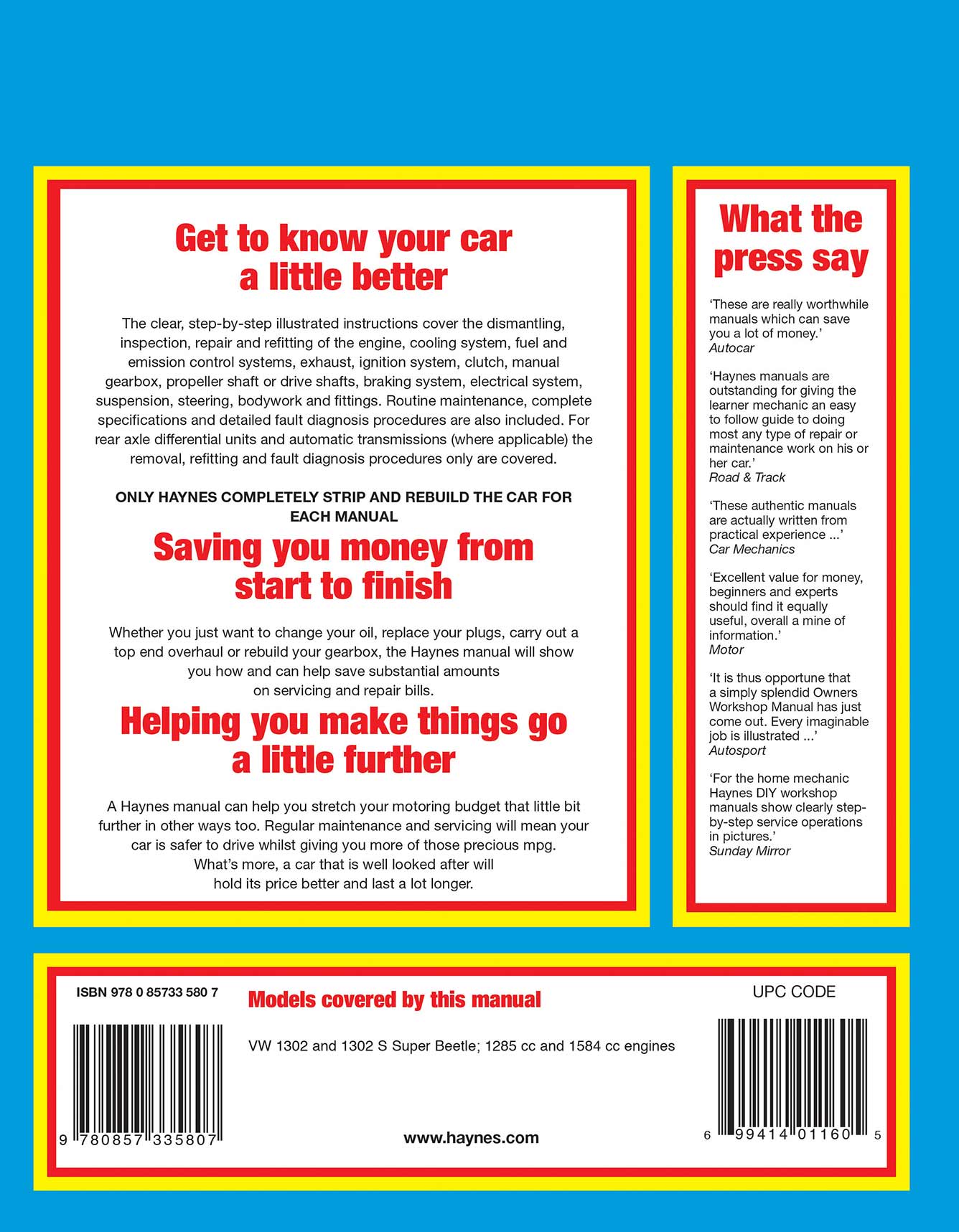 Volkswagen 1302 & 1302S (1970-1972) Haynes Repair Manual Printed Book Back Cover