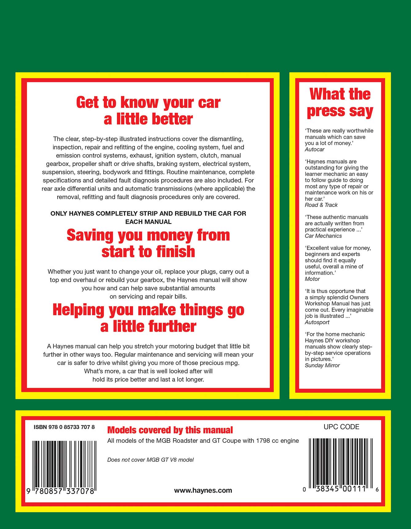 MGB (1962-1980) Haynes Repair Manual Printed Book Back Cover