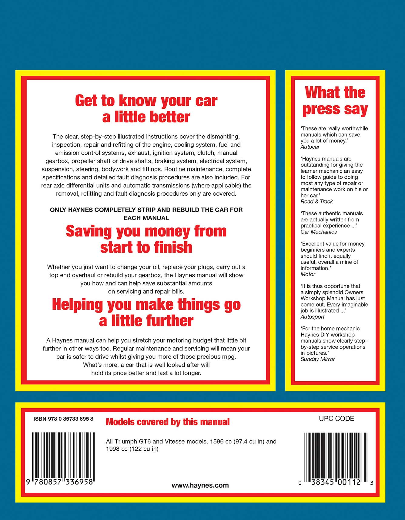 Triumph GT6 & Vitesse (1962-1974) Haynes Repair Manual Printed Book Back Cover