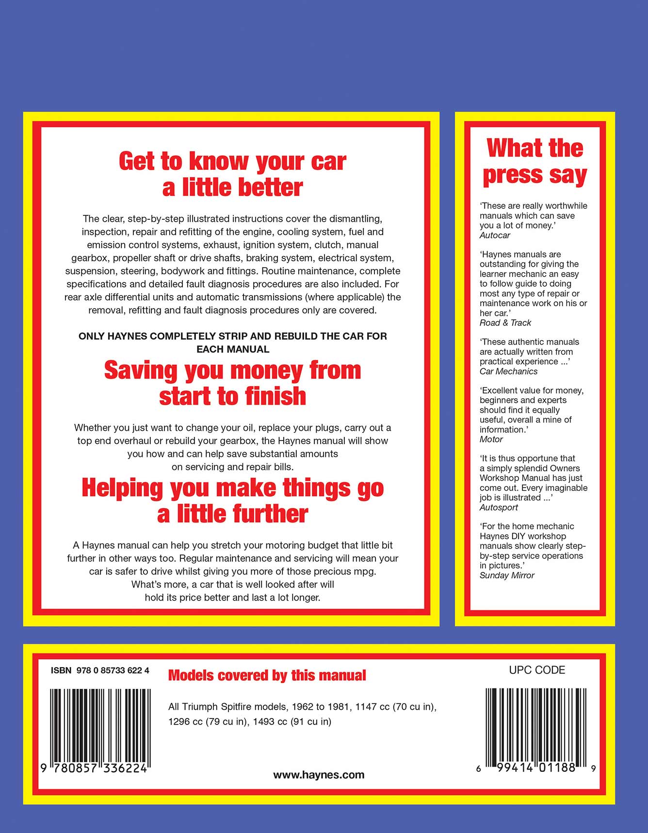 Triumph Spitfire (1962-1981) Haynes Repair Manual Printed Book Back Cover