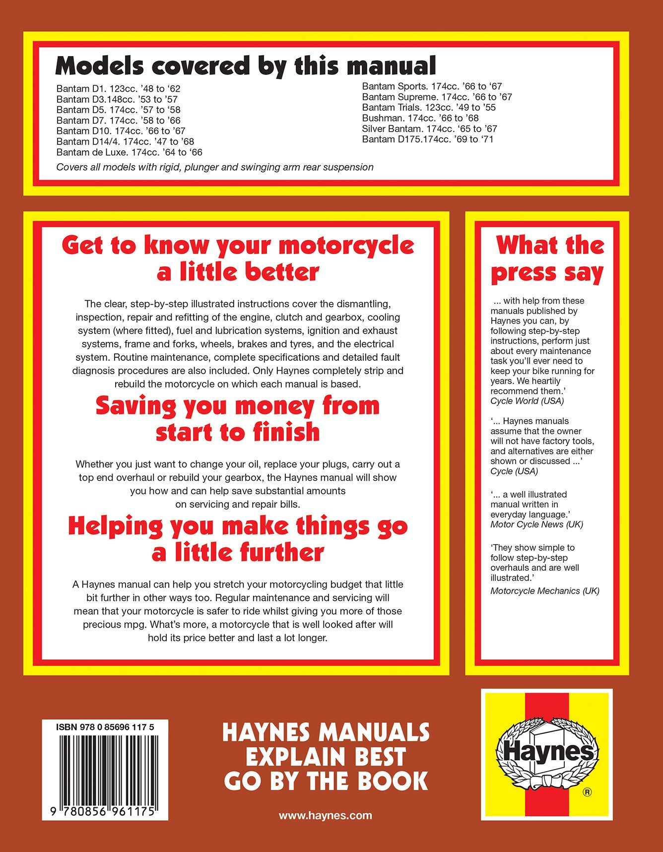 BSA Bantam (1948-1971) Haynes Repair Manual Printed Book Back Cover
