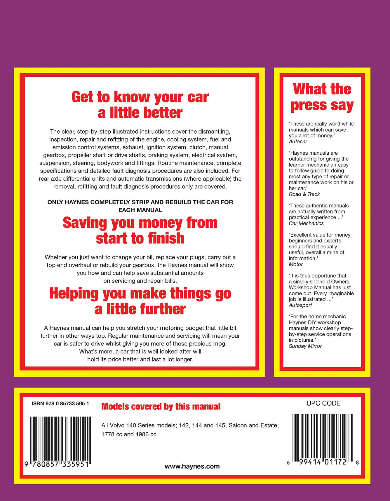 Volvo 142, 144 & 145 (1966-1974) Haynes Repair Manual Printed Book Back Cover
