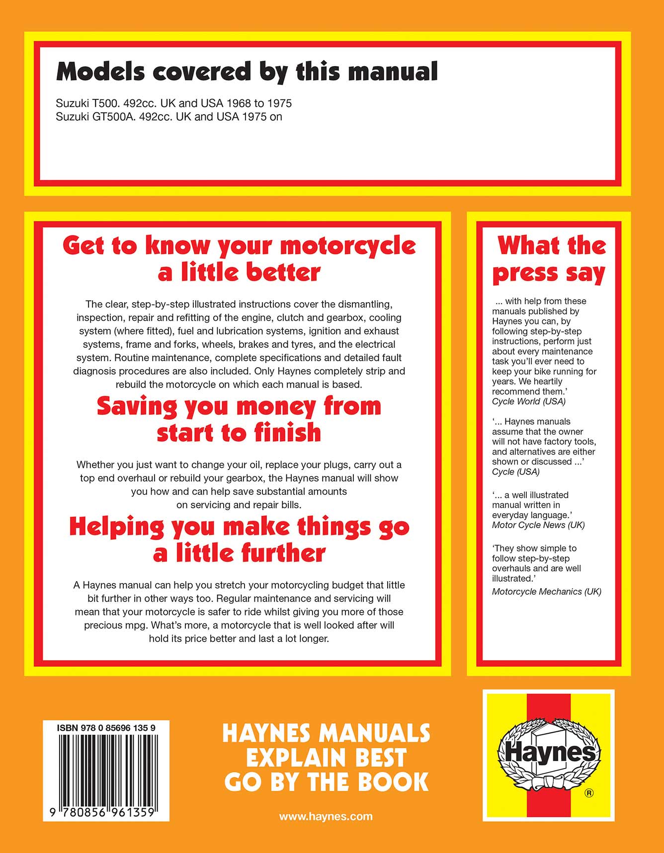 Suzuki 500 Twin 1968-1975 Haynes Repair Manual Printed Book Back Cover