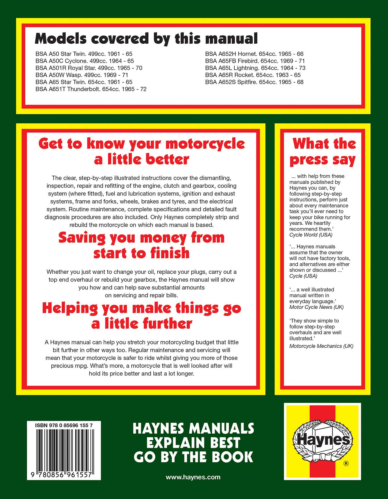 BSA A50 & A65 Twins (1962-1973) Haynes Repair Manual Printed Book Back Cover