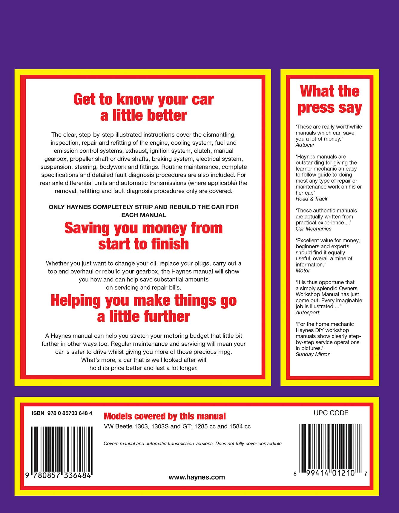 Volkswagen Beetle 1303, 1303S & GT (1972-1975) Haynes Repair Manual