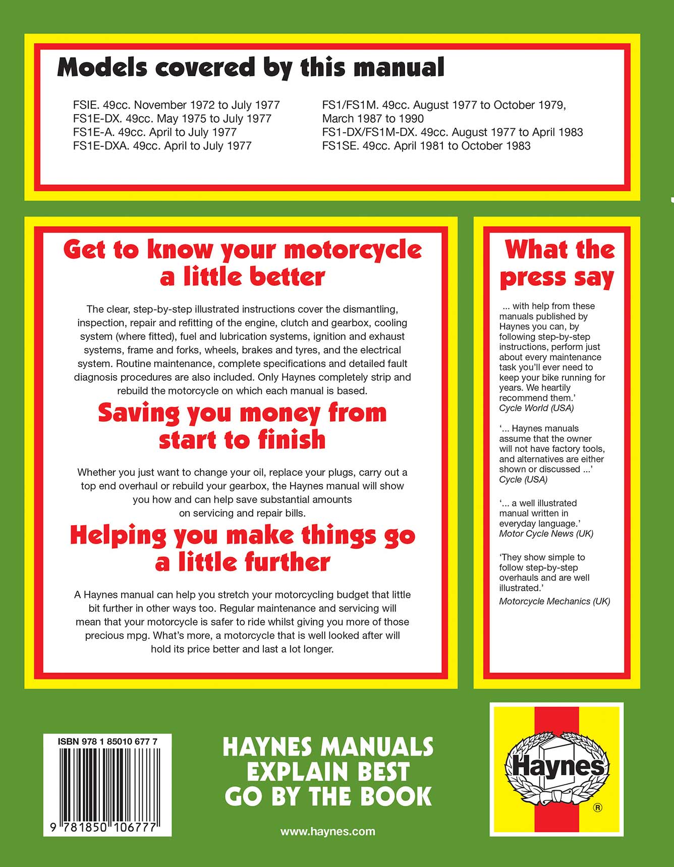 Yamaha FS1E, FS1 & FS1M (1972-1990) Haynes Repair Manual Printed Book Back Cover