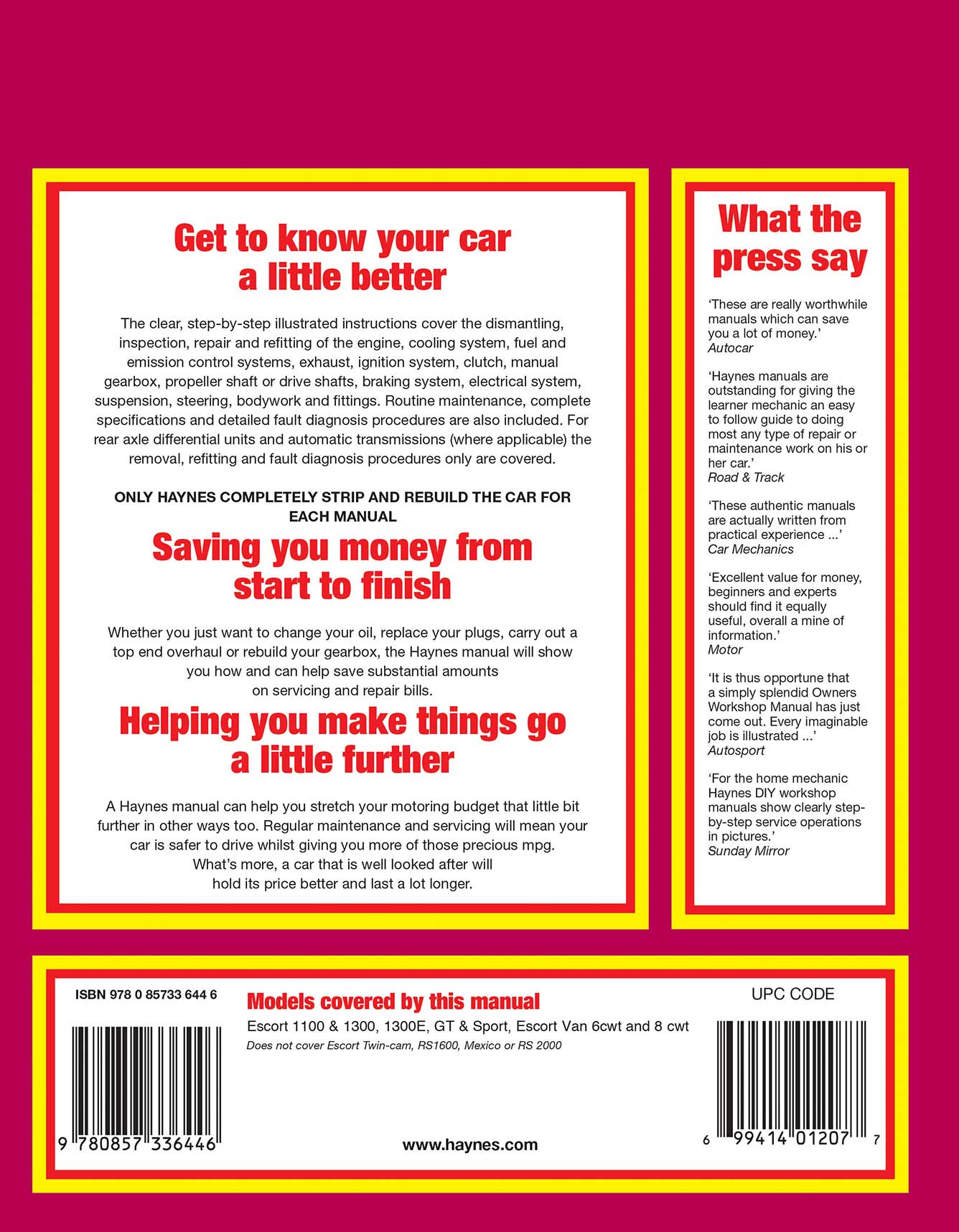 Ford Escort Mk I 1100 & 1300 (1968-1974) Haynes Repair Manual Printed Book Back Cover